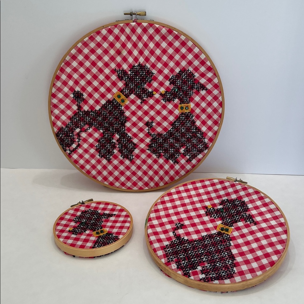 Vintage set of 3 Cross Stitch poodles with gold collars  & green rhinestones